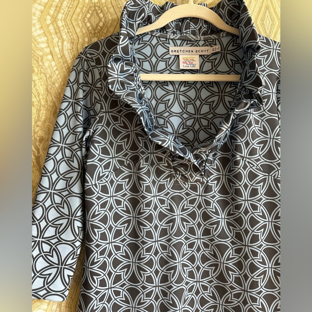 GRETCHEN SCOTT sz 4 XS Ruffneck DRESS Blue Print Stand Up Ruffle Neck Shift